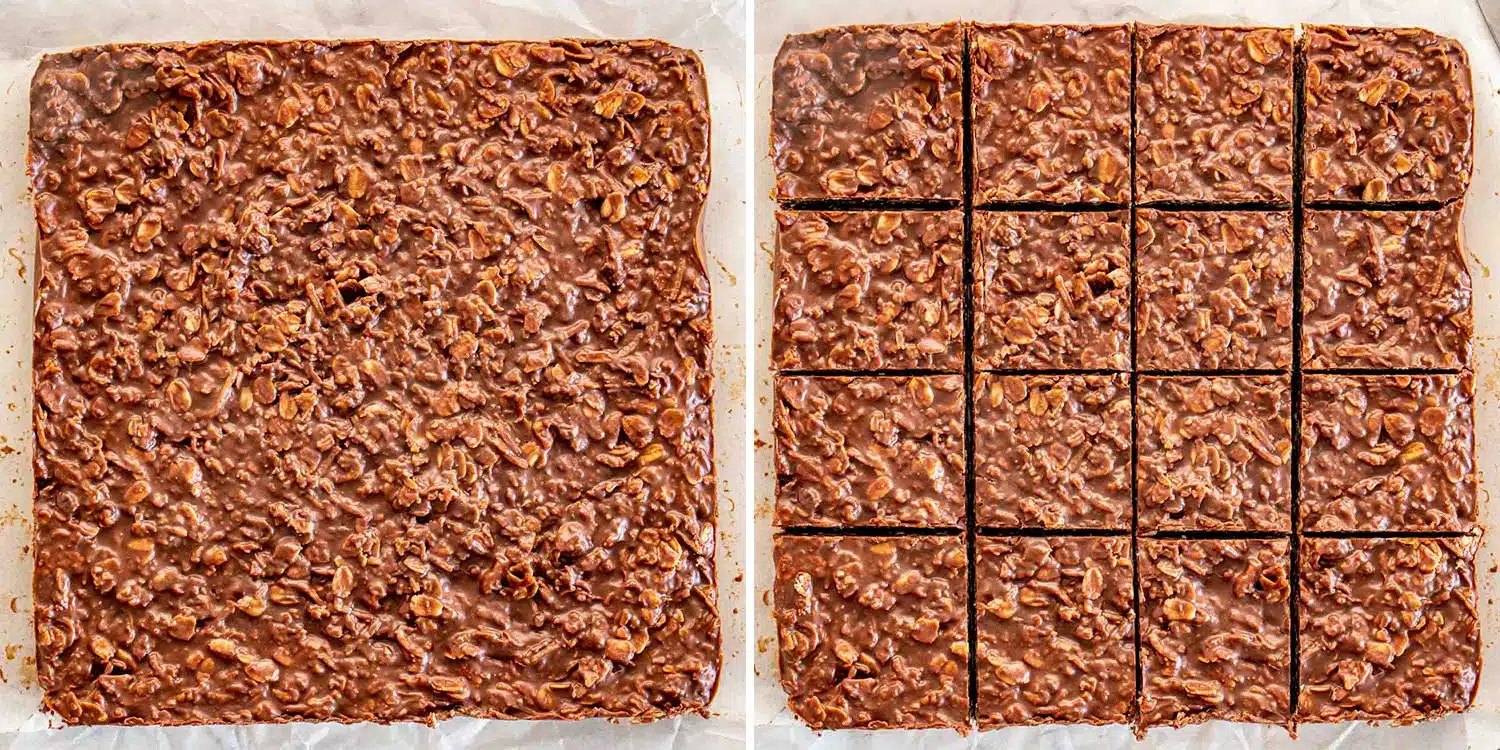 process shots showing how to make no bake peanut butter chocolate bars.