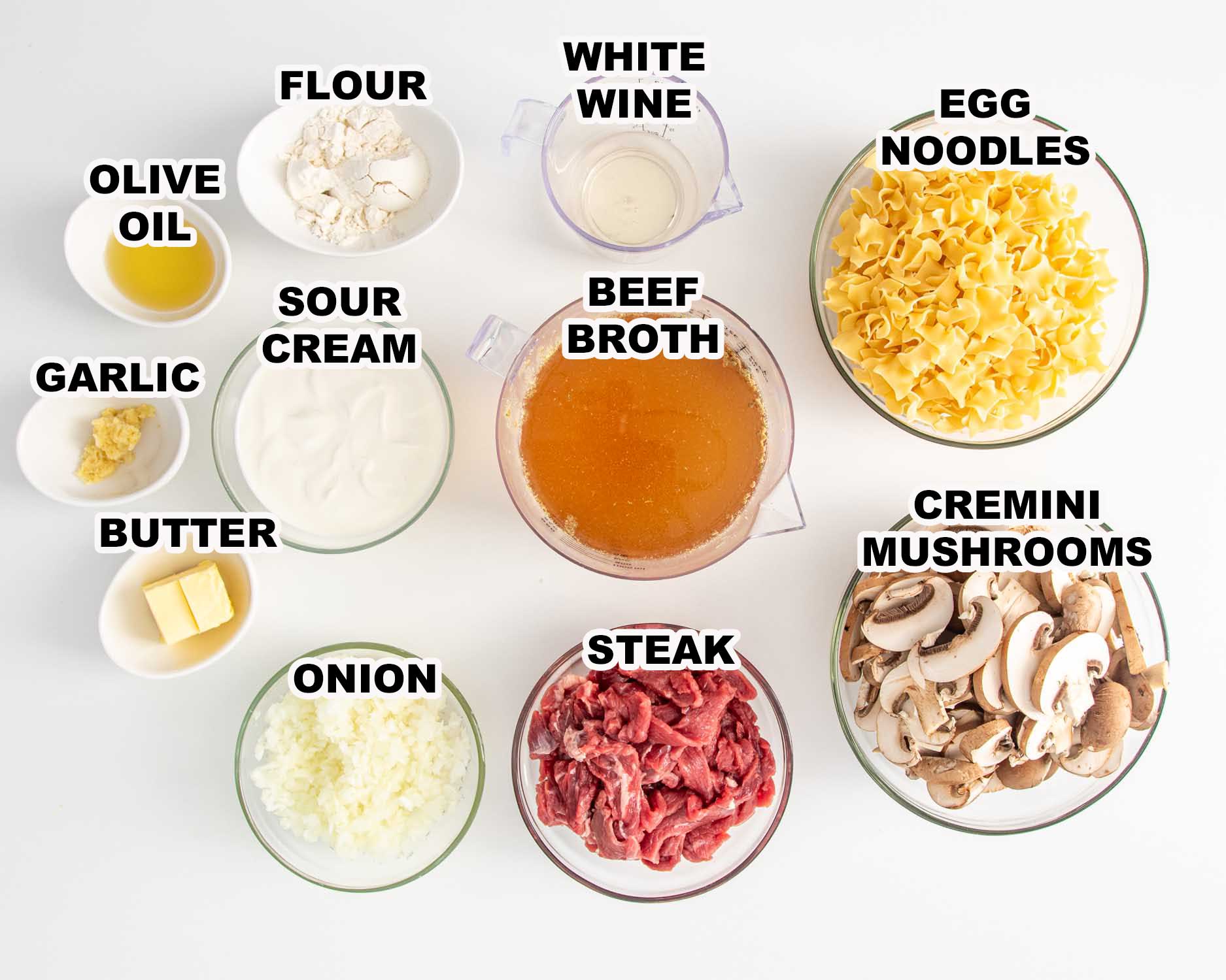 ingredients needed to make beef stroganoff.