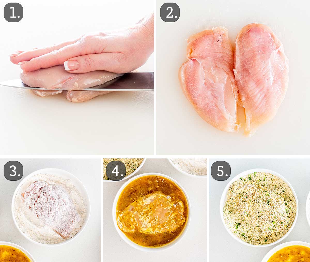 detailed process shots showing how to prep chicken and dredge it through flour and breadcrumbs.