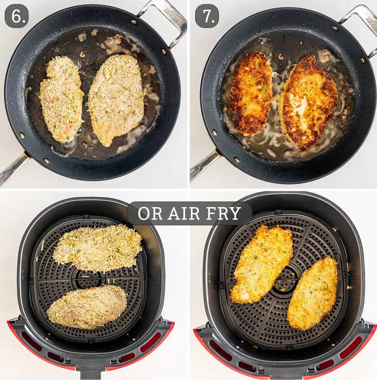 process shots showing how to fry parmesan chicken or cook it in an air fryer.