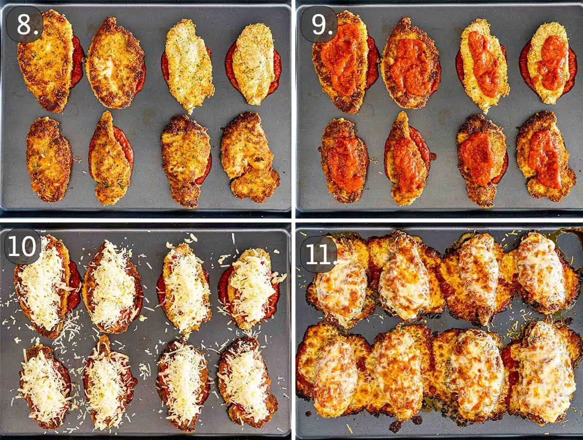 detailed process shots showing how to finish assembling and cooking chicken parmesan.