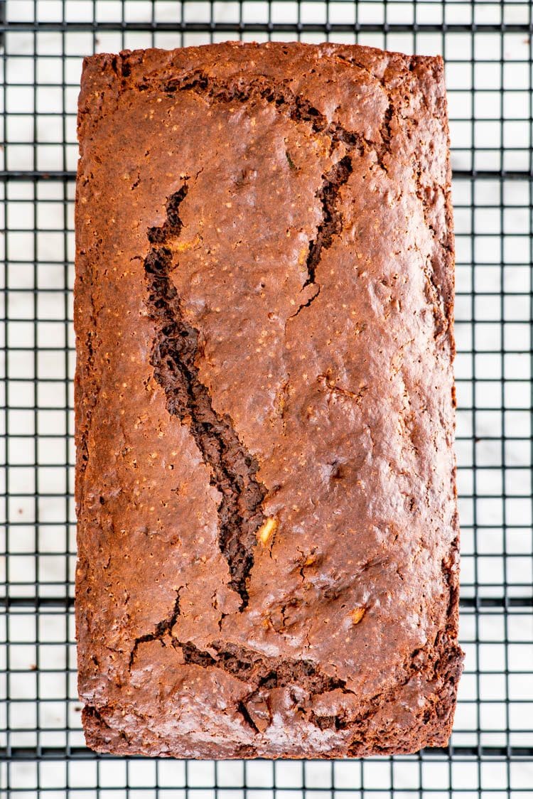 chocolate zucchini bread on a cooling rack