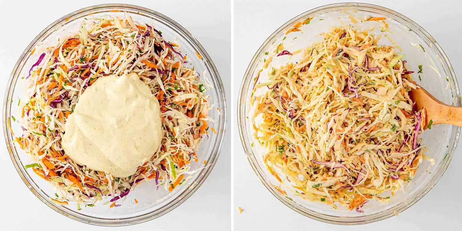 process shots showing how to make coleslaw.