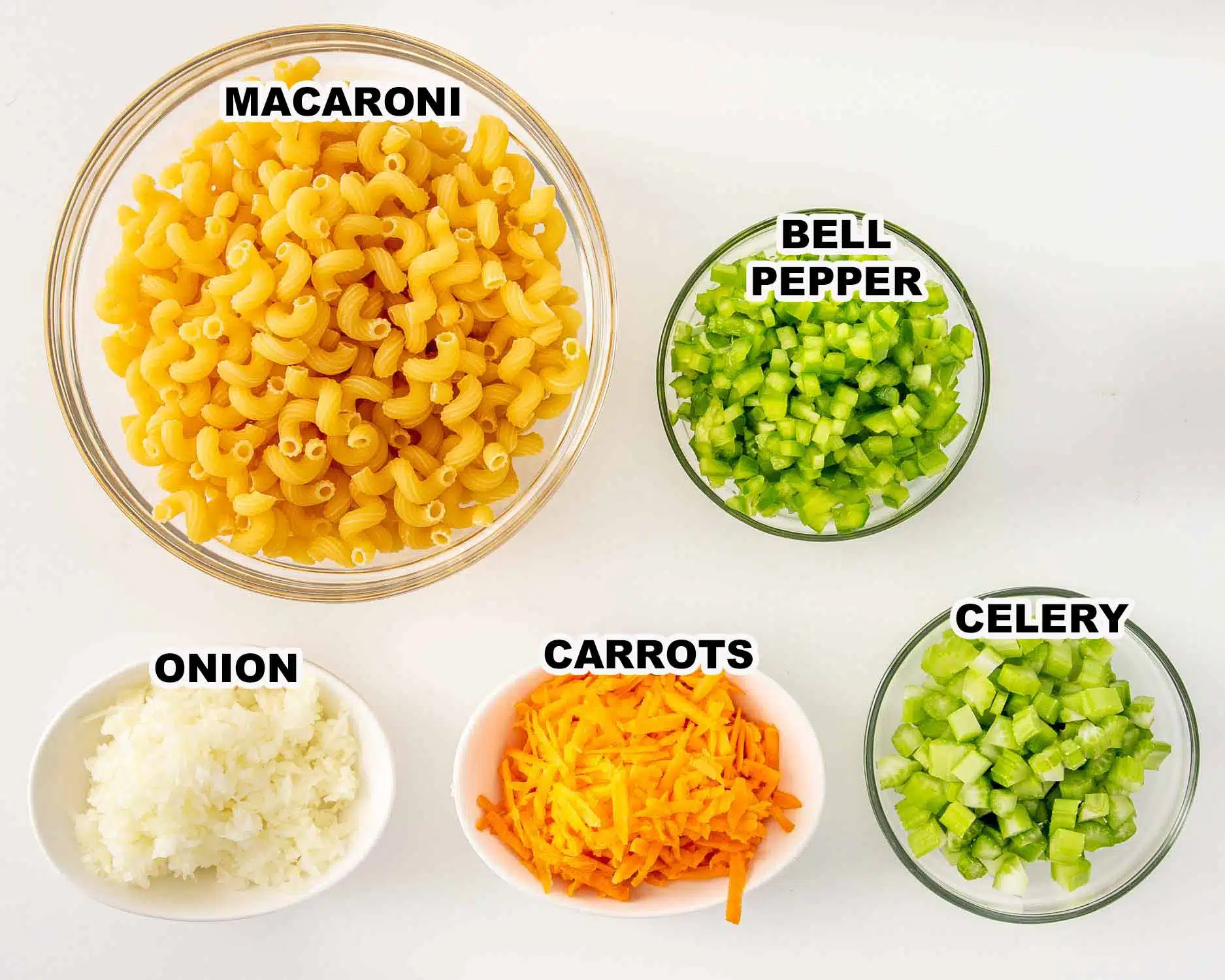 ingredients needed to make macaroni salad.