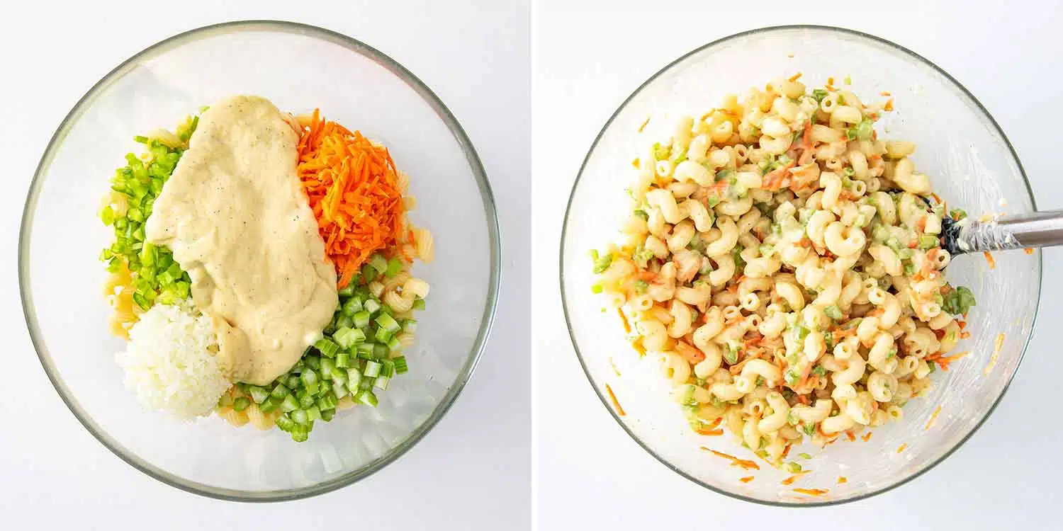 process shots showing how to make macaroni salad.