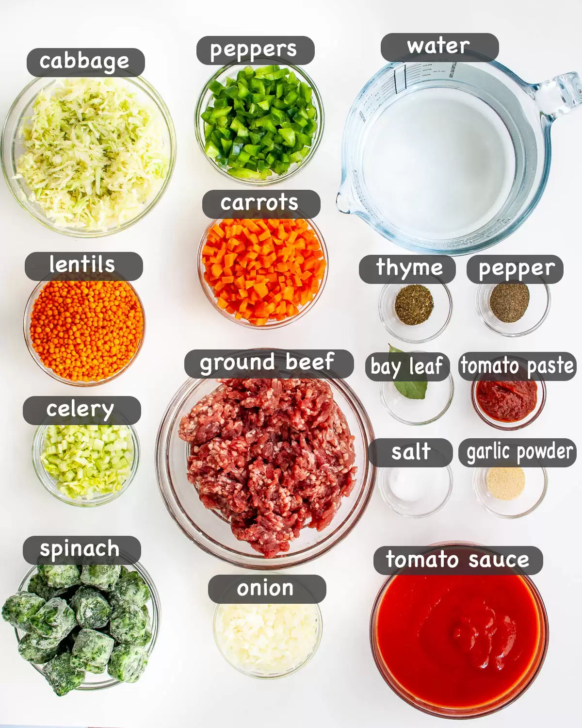 overhead shot of ingredients needed for making Beef Lentil Soup