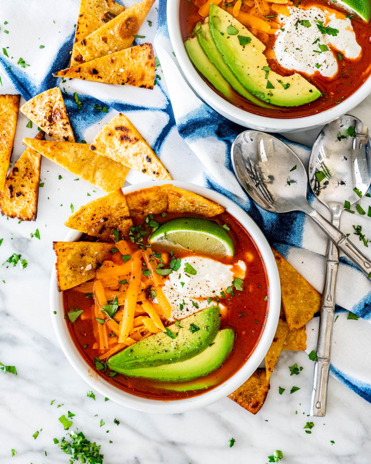 overhead shot of Chicken Tortilla Soup in two bowls