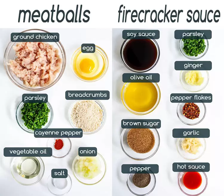 overhead shot of all the ingredients needed to make Firecracker Chicken Meatballs