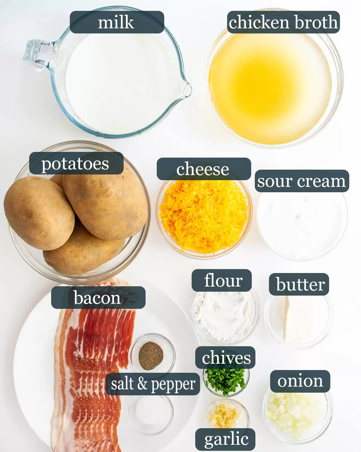 overhead shot of all the ingredients needed to make baked potato soup
