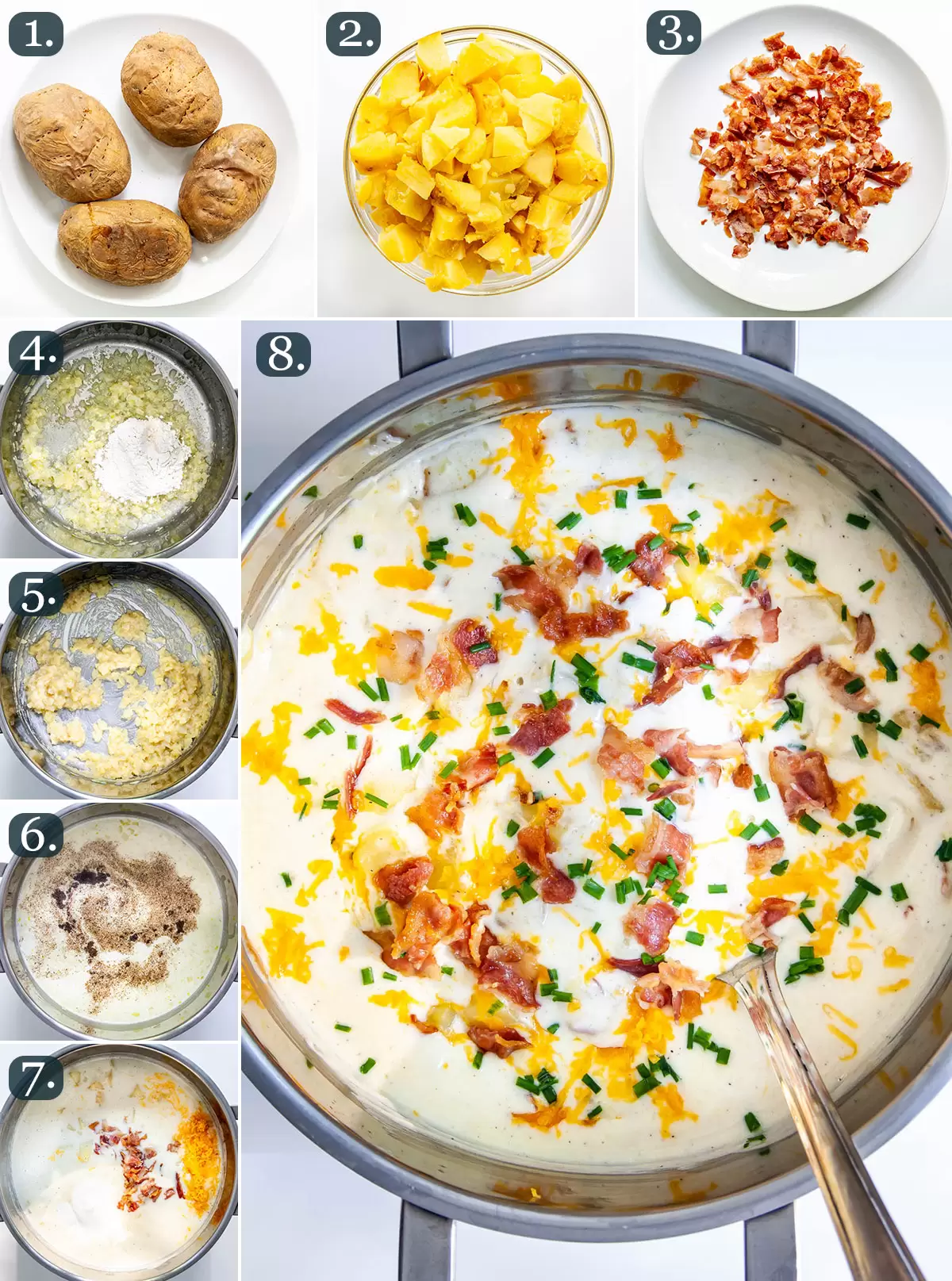 process shots showing how to make baked potato soup