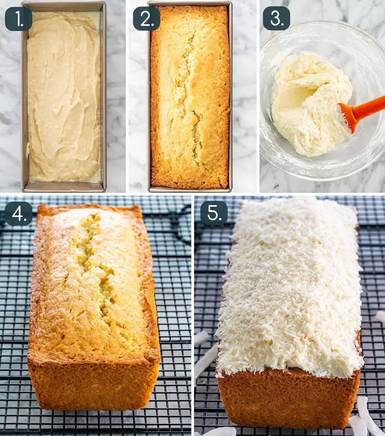 process of baking and icing coconut cake