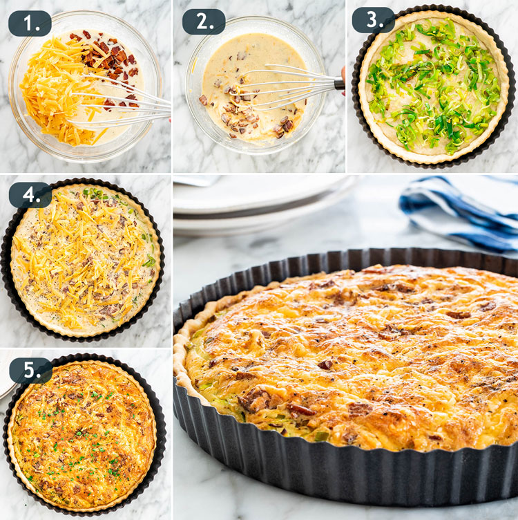 process shots showing how to make bacon and cheese quiche
