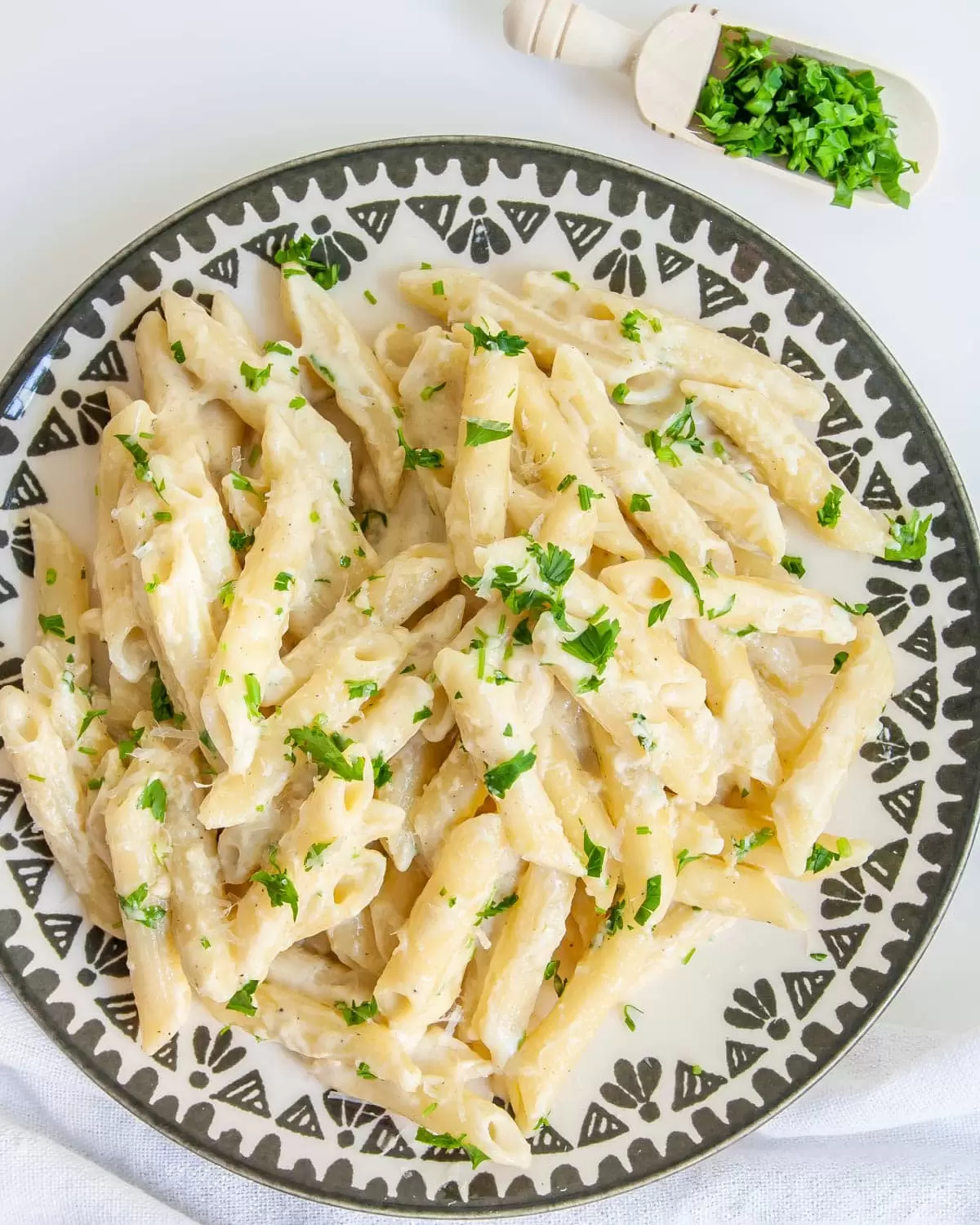 overhead shot of creamy parmesan pasta in a white and black plate 