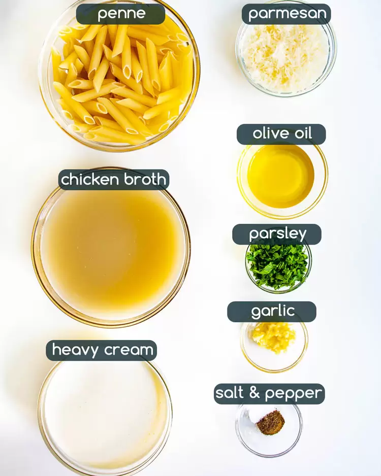 overhead shot of ingredients needed to make creamy parmesan pasta