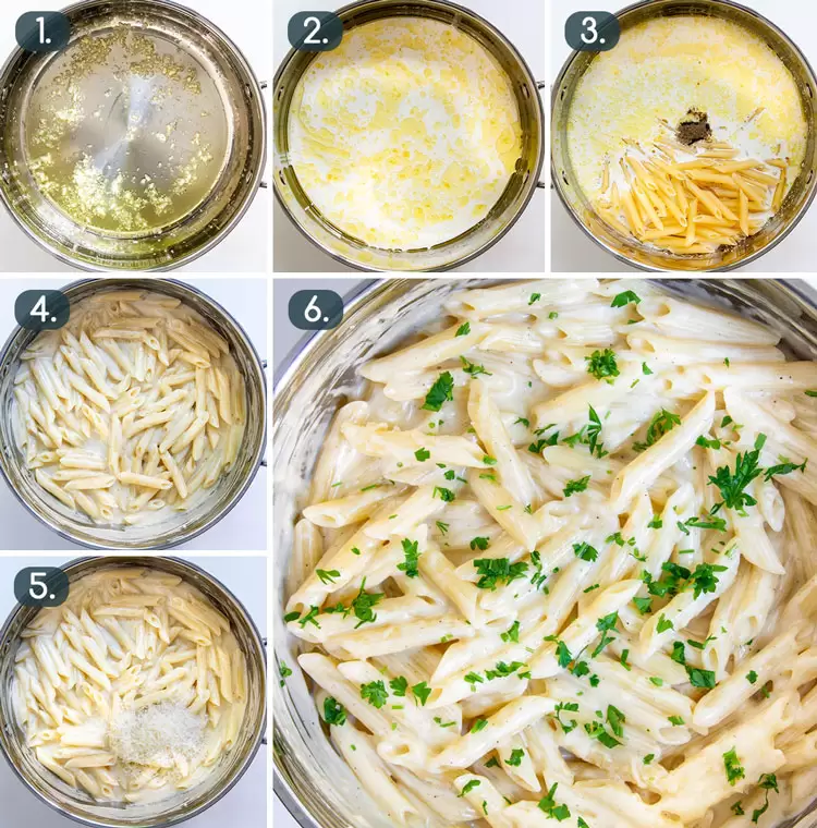 process shots showing how to make one pot creamy parmesan pasta