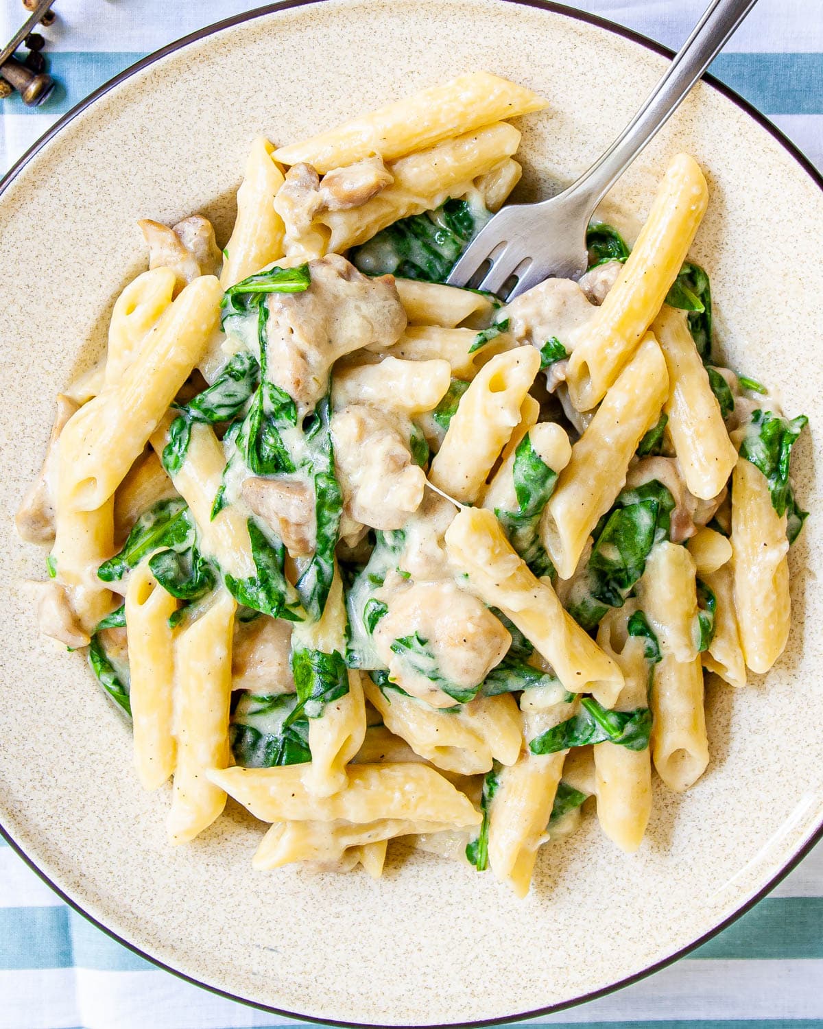 overhead shot of cheesy chicken pasta with spinach on a beige plate