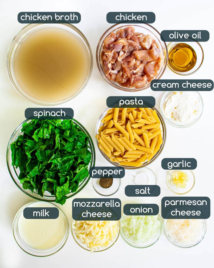 overhead shot of all the ingredients needed to make cheesy chicken pasta 