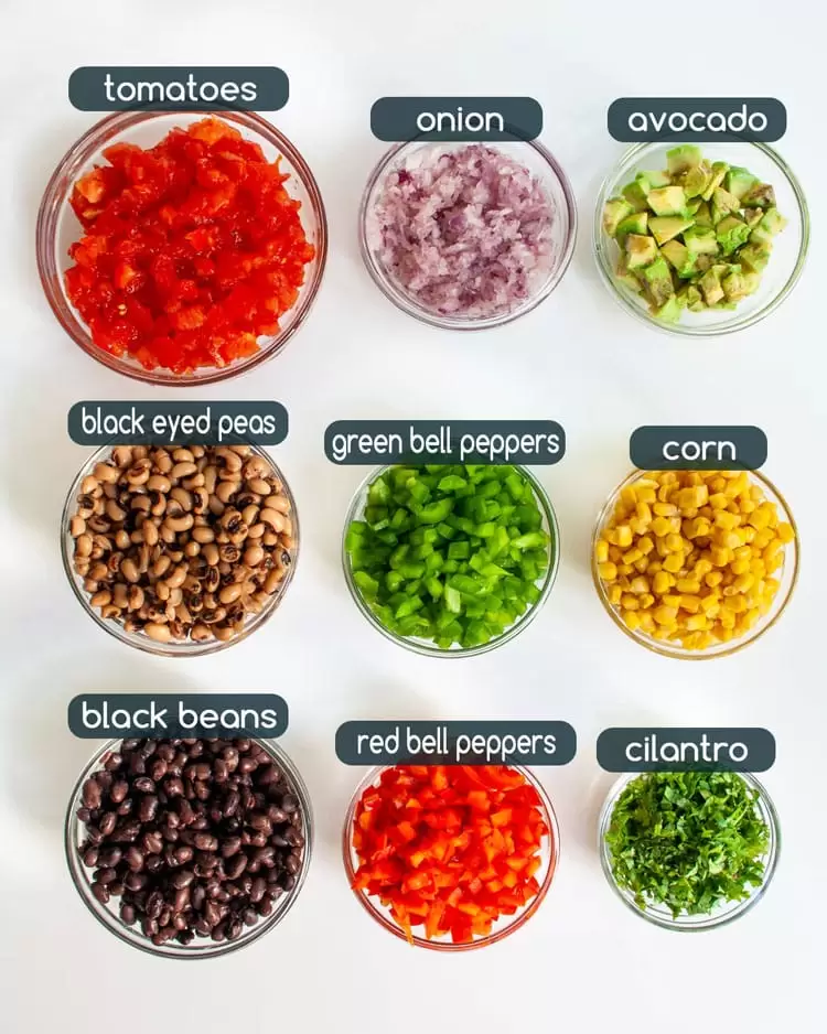 overhead shot of all ingredients needed to make Cowboy Caviar