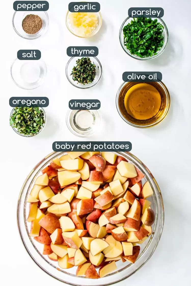 overhead shot of ingredients needed to make Garlic Herb Red Potato Salad