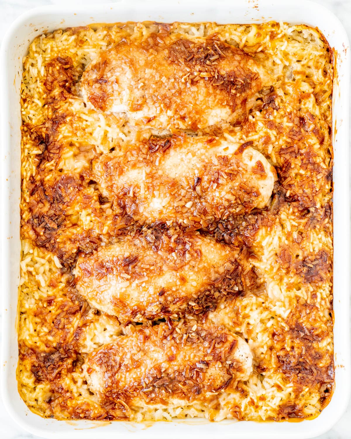 No Peek Chicken Rice Casserole after coming out of the oven