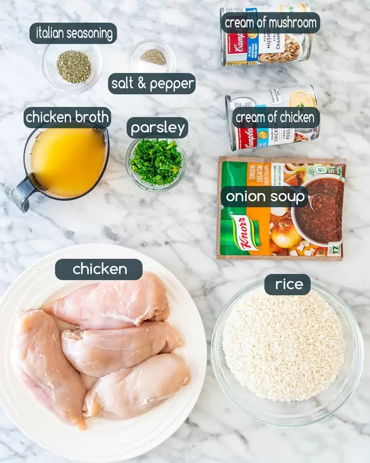 overhead shot of all the ingredients needed to make No Peek Chicken Rice Casserole