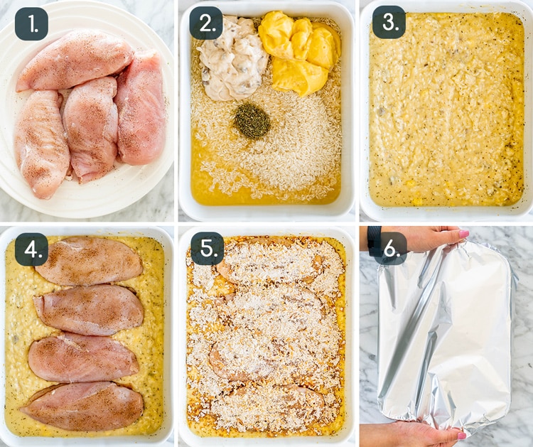 process shots showing how to make No Peek Chicken Rice Casserole