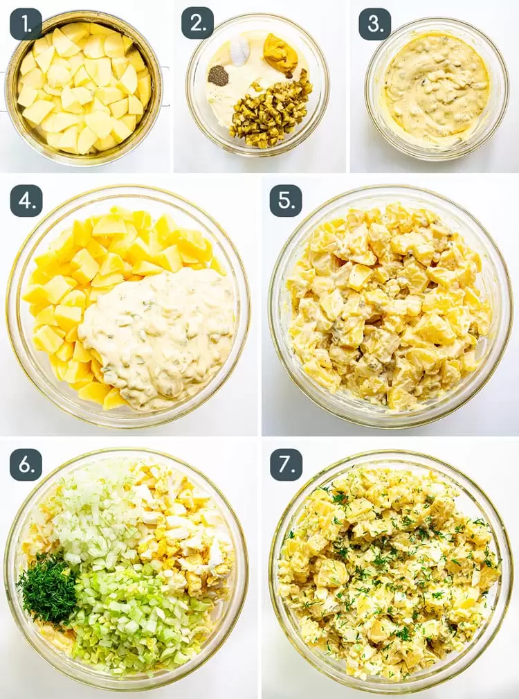 process shots showing how to make potato salad