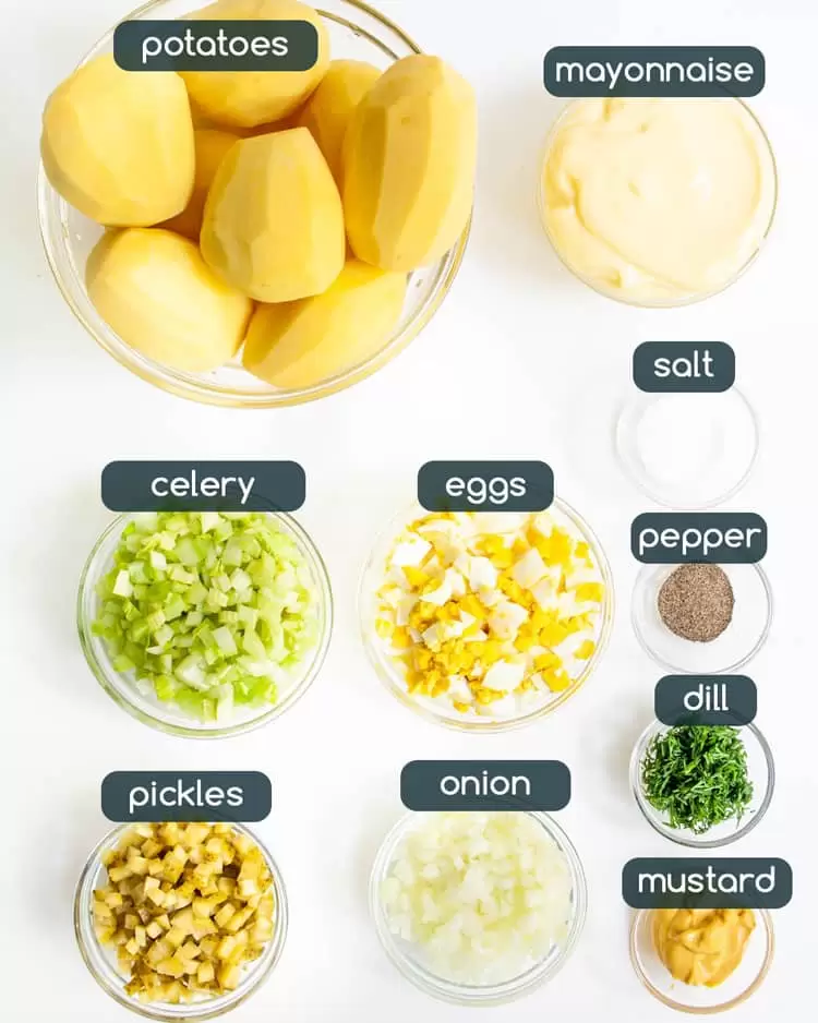 overhead shot of ingredients needed to make potato salad