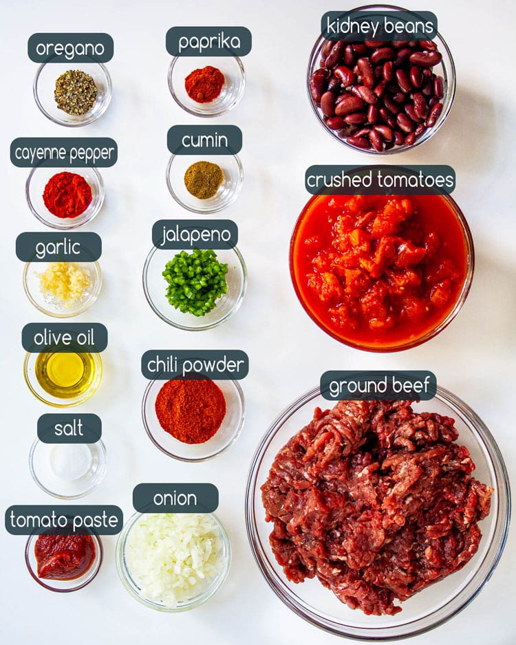 overhead shot of ingredients needed to make chili
