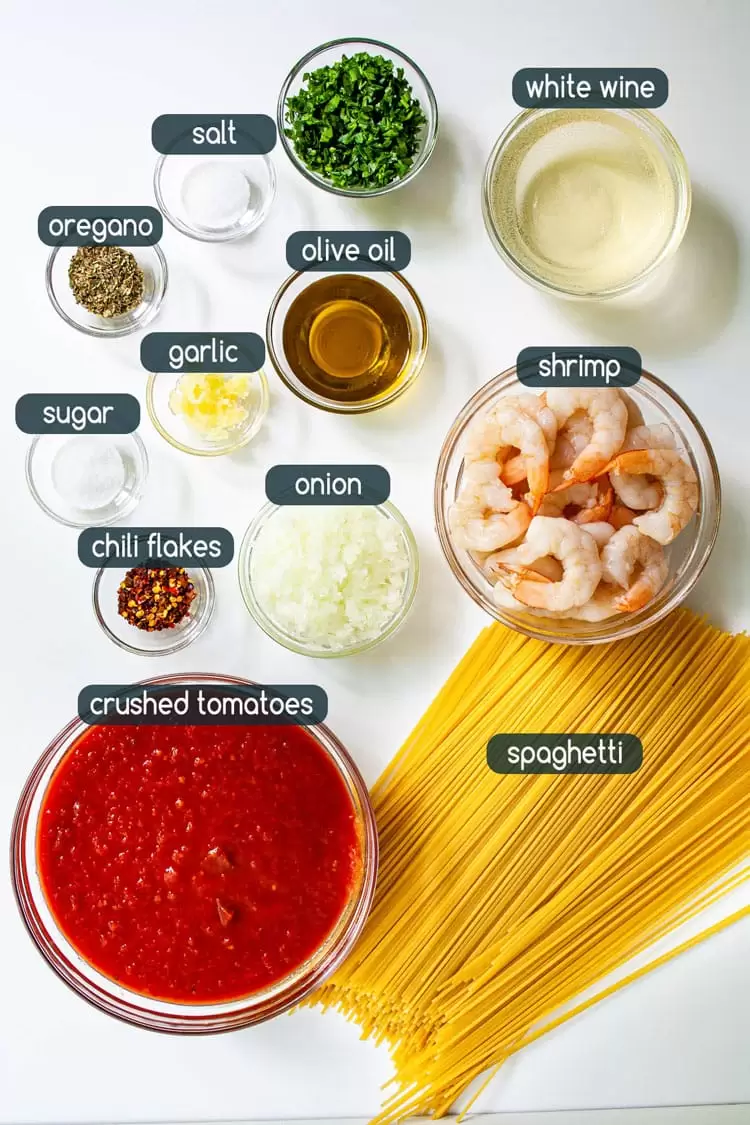 overhead shot of ingredients needed to make Tomato Shrimp Pasta