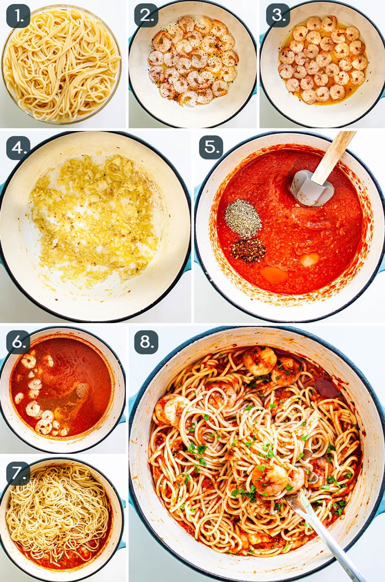 process shots showing how to make Tomato Shrimp Pasta
