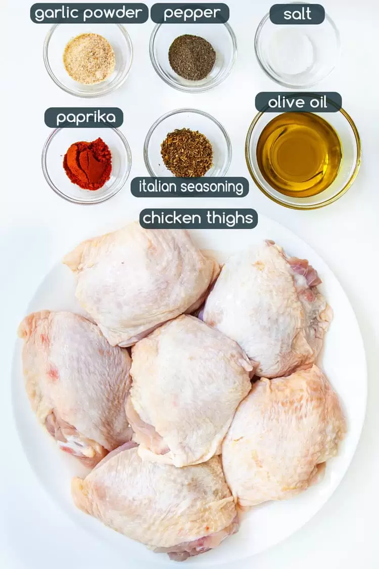 overhead shot of ingredients needed to make baked chicken thighs