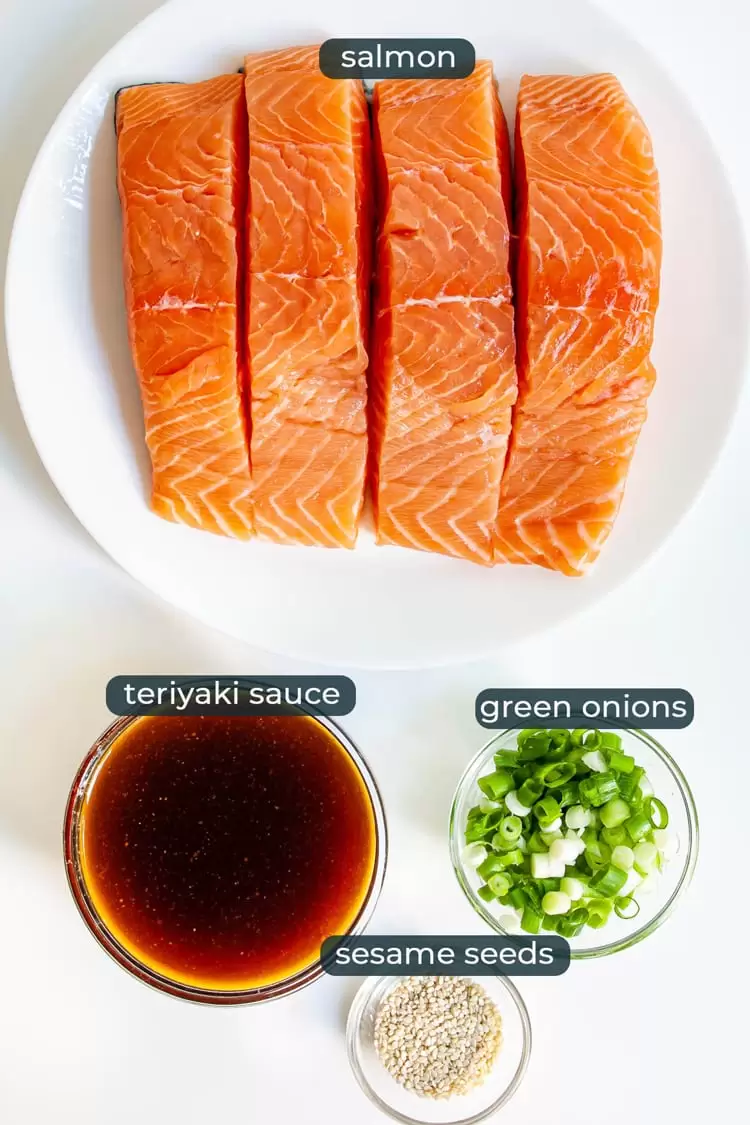 overhead shot of ingredients needed to make baked teriyaki salmon
