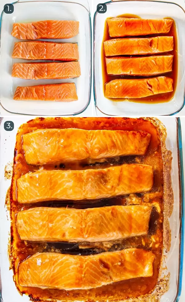 process shots showing how to bake teriyaki salmon