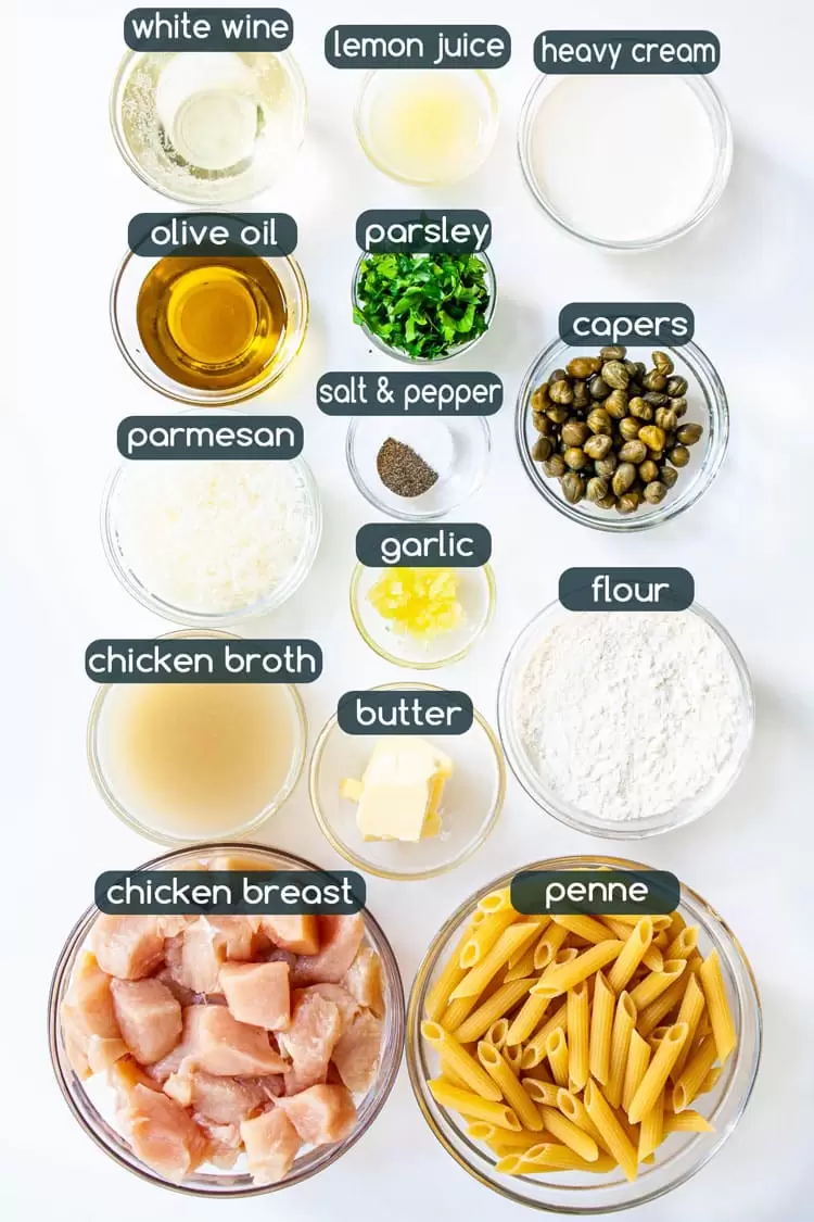 overhead shot of ingredients needed to make Chicken Piccata Pasta