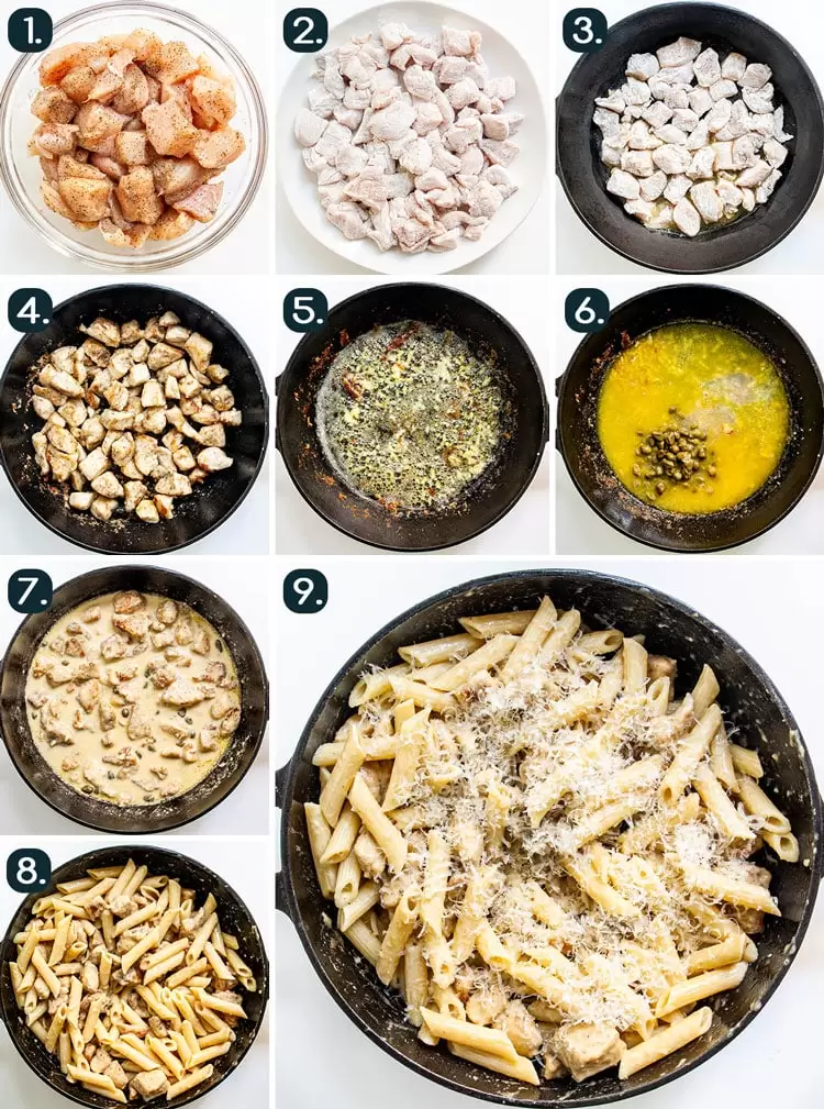 process shot collage showing how to make Chicken Piccata Pasta