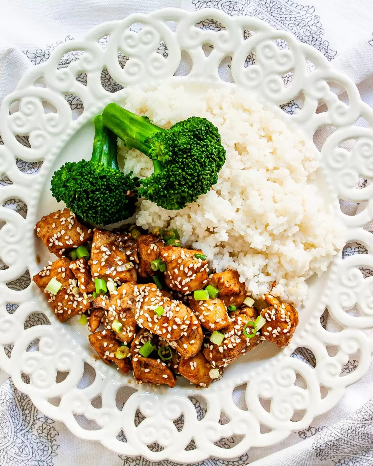 overhead shot of chicken teriyaki and rice on a white plate