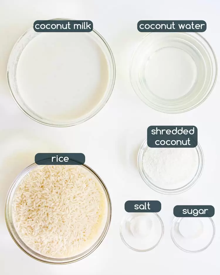overhead shot of ingredients needed to make coconut rice