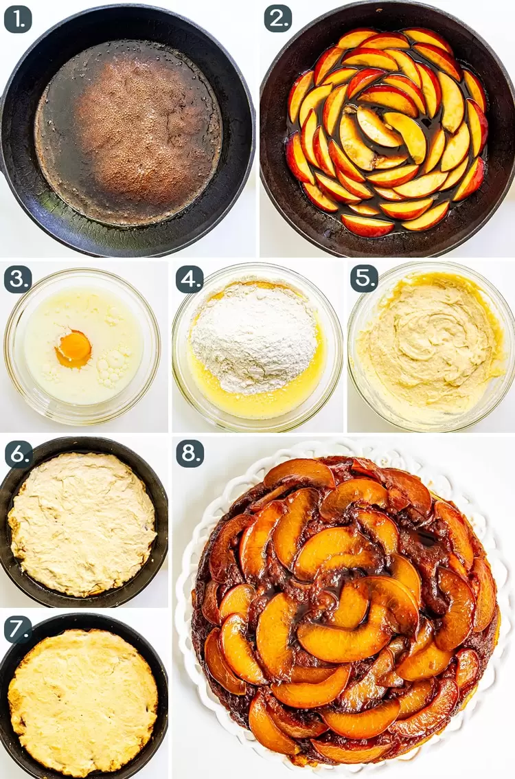 process shots showing how to make Peach Upside Down Cake