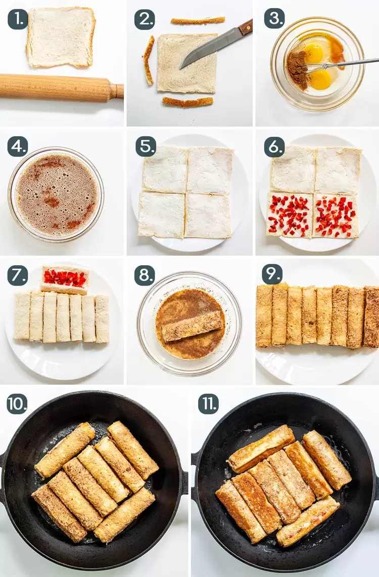 process shots showing how to make Strawberry Cream Cheese French Toast Roll Ups