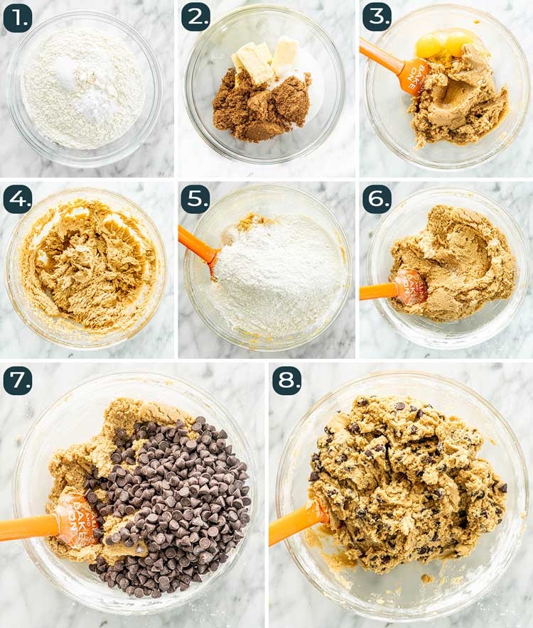 process shots showing how to make chocolate chip cookie dough