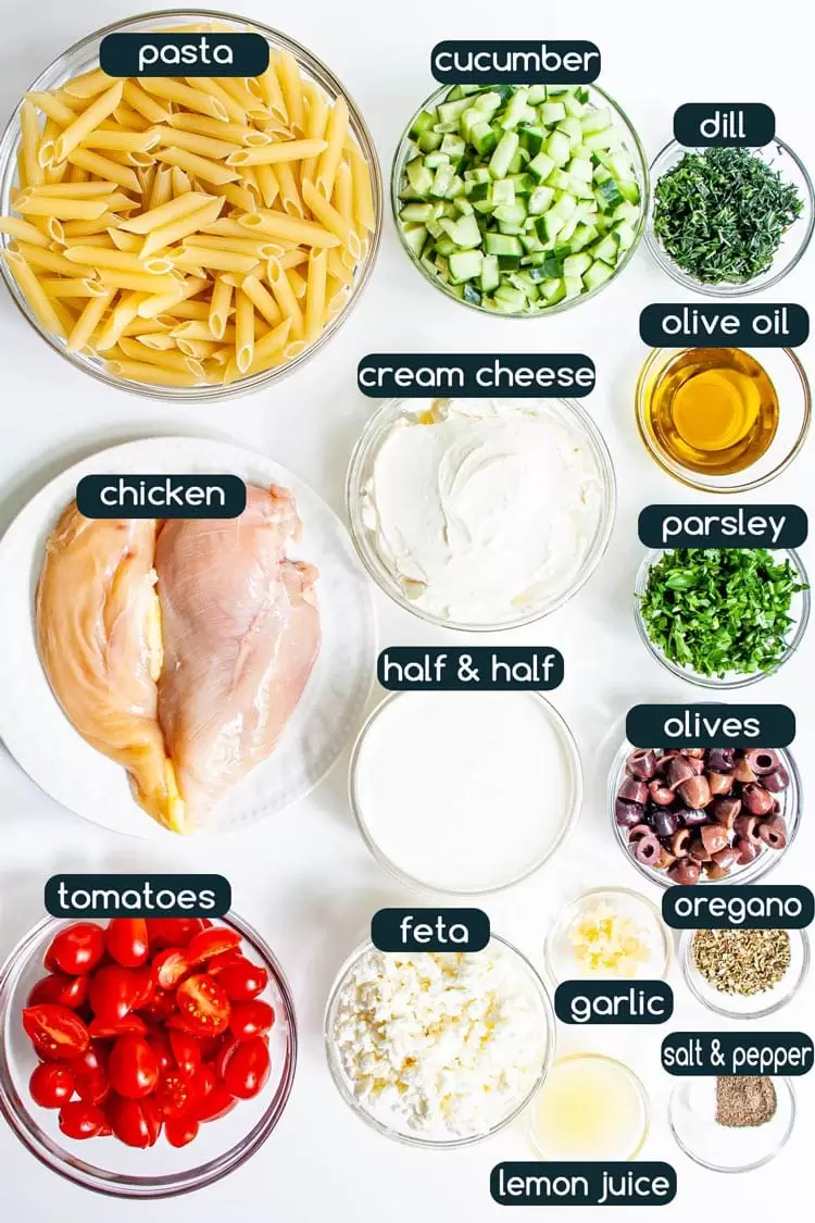 overhead shot of all ingredients needed to make greek chicken pasta