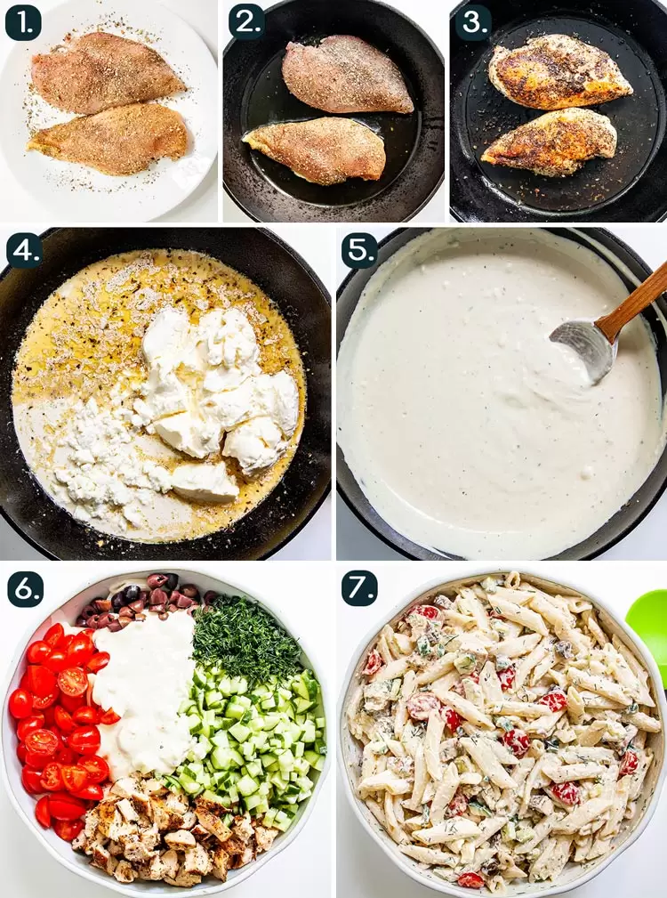 process shots showing how to make greek chicken pasta