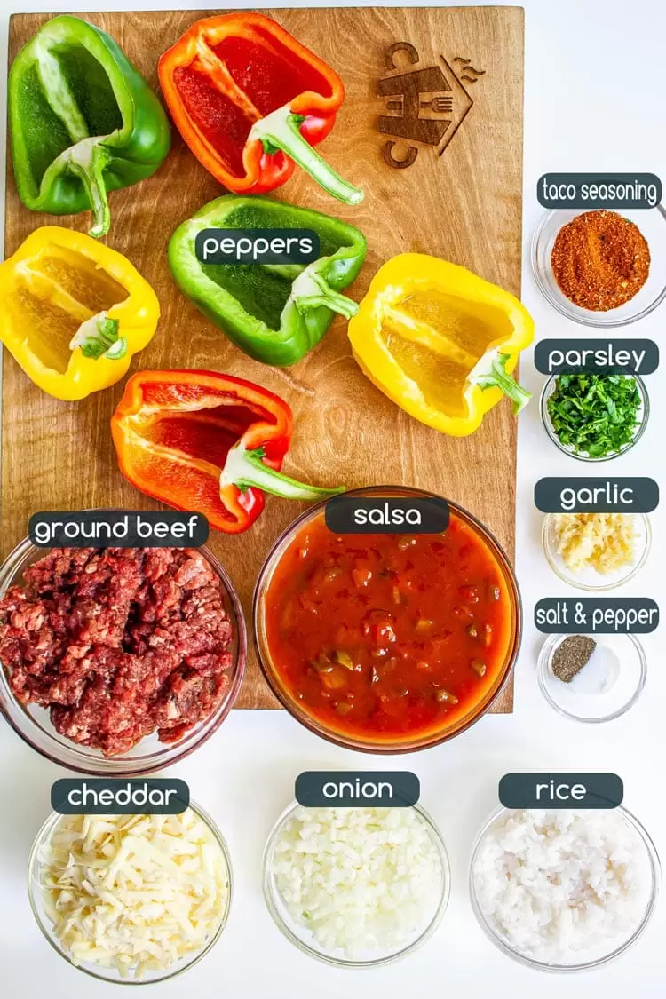 overhead shot of all ingredients needed to make mexican stuffed peppers