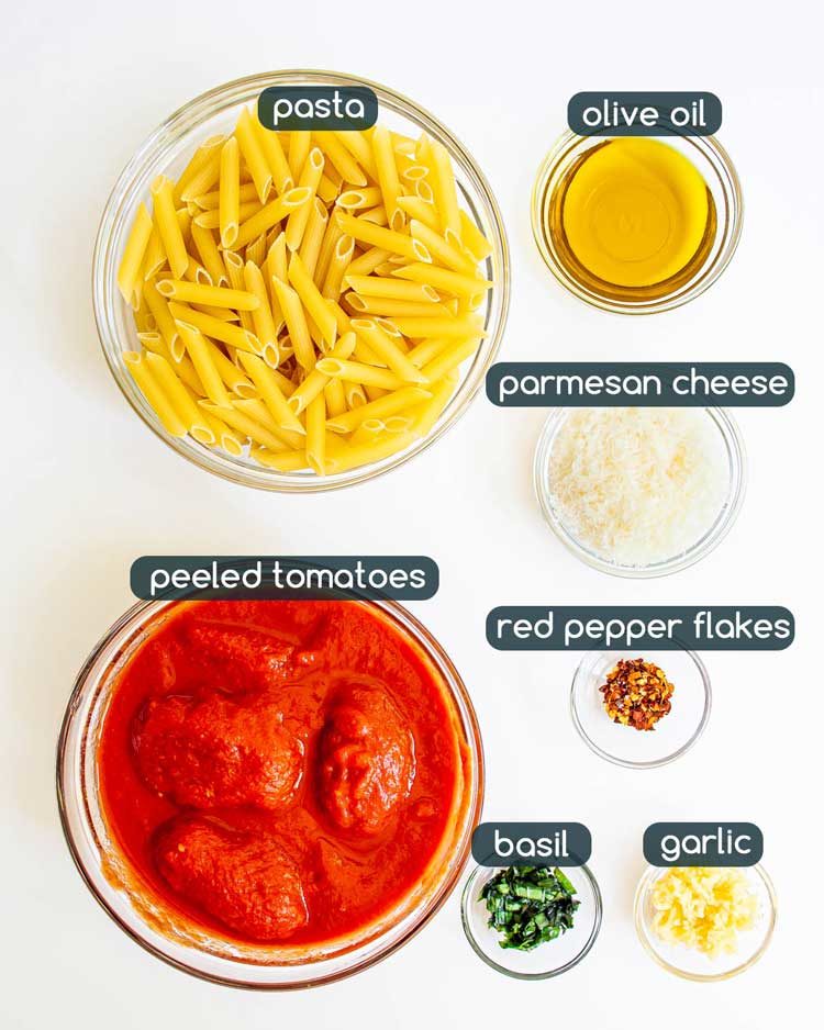 overhead shot of all ingredients needed to make Penne Arrabbiata