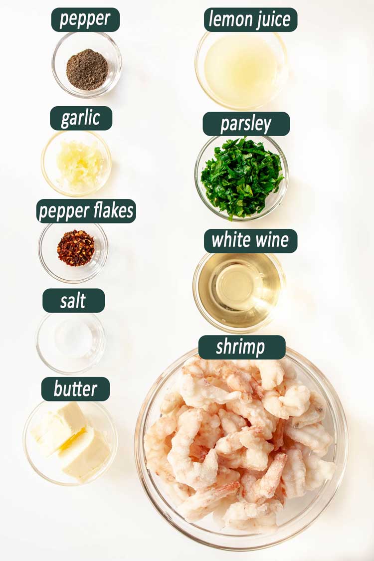 overhead shot of all ingredients needed to make shrimp scampi
