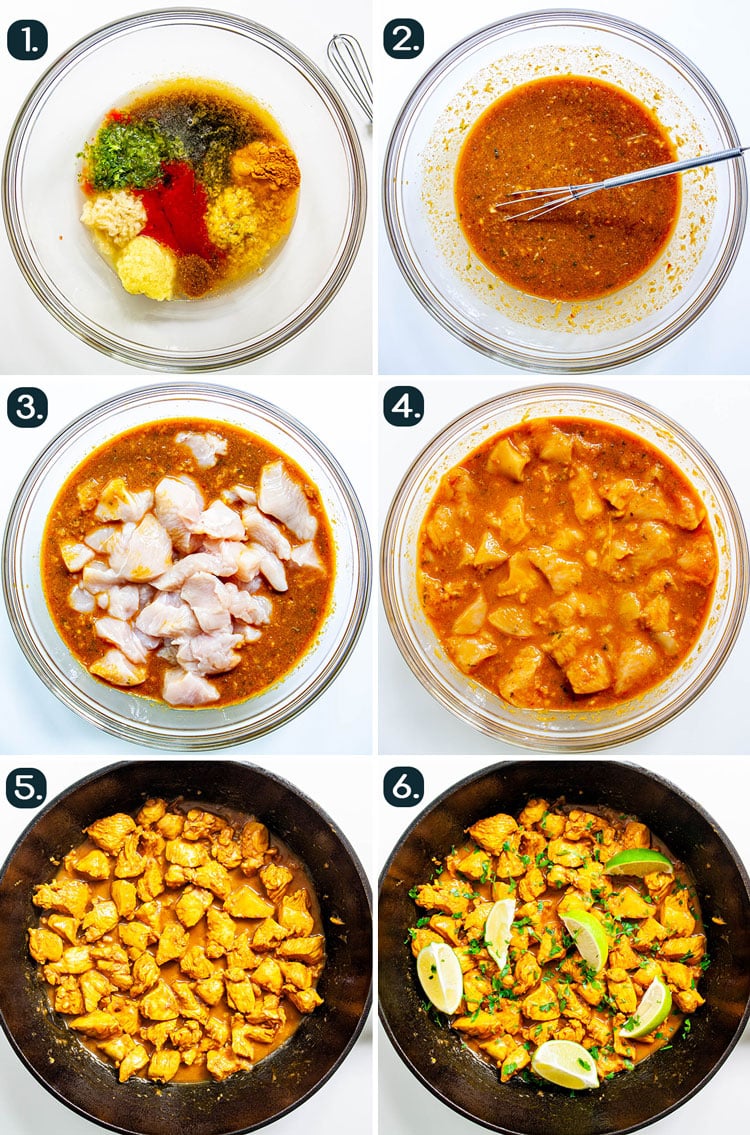 process shots showing how to make skillet chicken satay