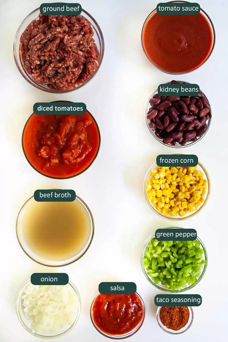 overhead shot of all ingredients needed to make taco soup