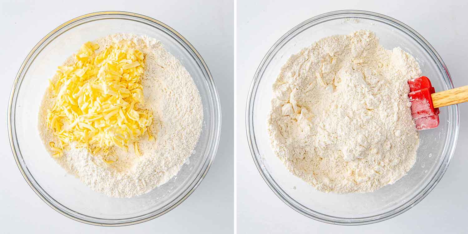 process shots showing how to make buttermilk parmesan biscuits.