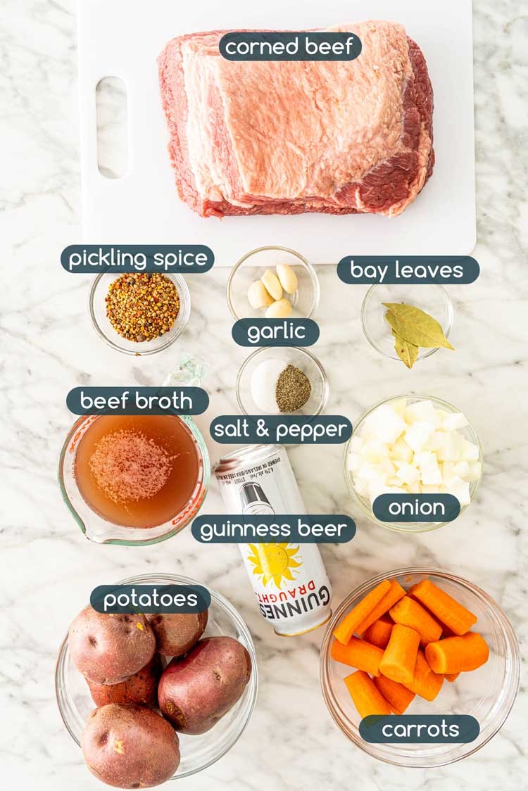 overhead shot of all the ingredients needed for corned beef to be made in the instant pot